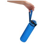 A drink bottle in a solid blue colour, featuring a black lid and a carrying strap. It has a logo on the side.