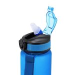 A drink bottle in blue with a flip-top lid and a drinking spout, featuring a black base with a textured grip and a logo.