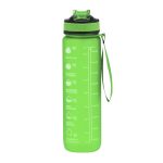 A drink bottle in bright green with measurement markings and a black lid, featuring a carrying strap and branding.