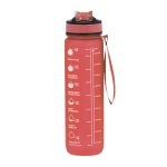 A drink bottle in vibrant pink with a black lid, featuring measurement markings and a carrying strap.