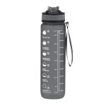 A drink bottle in grey with a measurement scale and a looped carrying strap, featuring a flip-top lid and a logo.