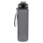 A drink bottle in matte grey with a black cap and a carry strap. It features a logo on the side.