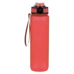 A drink bottle in a vibrant coral shade featuring a black cap and a carrying strap. It has a logo on its side.