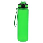 A drink bottle in bright green with a black lid and a carry strap, featuring a logo on the front.