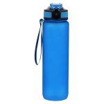 A drink bottle in vibrant blue, featuring a black lid with a strap and a textured grip. It has a logo on the side.