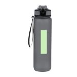 A drink bottle in grey with a light green rectangular section and a black lid, featuring a carrying strap.