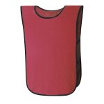 A red sports bib with black edging, featuring a logo and an open back design for easy wear.