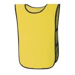 A yellow sports bib with black trim and open sides, featuring a logo on the front.