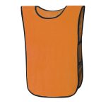 An orange sports bib with black trim and open sides, featuring a logo on one side.