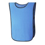 A blue sports vest with black trim, designed for use as a bib. Features a branding logo.