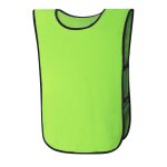 A bright green sports bib with black trim, featuring open sides for easy wear and a branding logo.