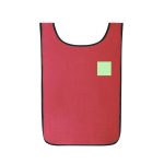 A red sports bib with a black trim and a small green square patch. Features a branding logo.
