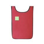 A red sports bib featuring black trim and a blank green square for branding or personalisation.