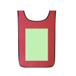 A red sports vest with a green blank area in the centre and black trim, featuring a logo.