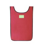 A red sports vest with black trim and a green blank patch, featuring a logo at the centre.
