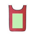A red sports bib with a black trim and a green blank area for customisation. It features a logo.