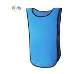 A blue kids' vest with black trim, designed as a sports uniform bib. It features a logo.
