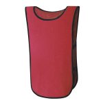 A red sports bib with black trim, designed for kids' activities and uniforms. It features a logo.