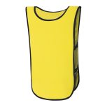 A bright yellow sports vest with black trim, designed for kids and featuring a logo.