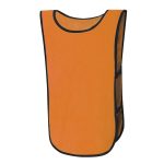 An orange sports vest with black trim, designed for kids, featuring side openings. It includes a logo.