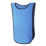 A blue sports vest with black trim and side openings, designed as a uniform bib for kids.
