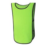 A bright green sports vest with black trim and side openings, suitable for kids' sports activities.
