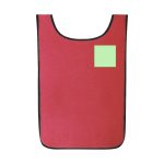 A red sports vest with a black trim and a green patch, featuring a logo branding.