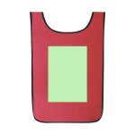A red sports vest with a black trim and a blank green area in the centre, featuring a logo.