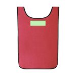A red sports vest with black edging and a logo space at the front. Suitable for team activities.