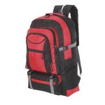 A black and red backpack with multiple zippered compartments and adjustable straps. It features a logo on the side.