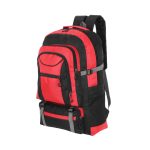 A black and red Platony Backpack featuring multiple compartments and adjustable straps. It includes a logo on the front.