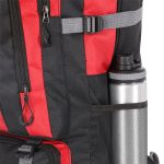 A black and red Platony Backpack featuring a drink bottle in the side pocket, with a logo present on the backpack.