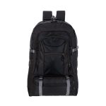 A black backpack with multiple compartments and grey accents, featuring adjustable straps and a logo.