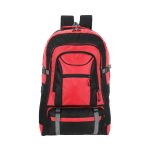 A red and black backpack with multiple compartments and adjustable straps, featuring a logo on the front.