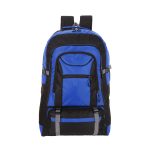 A blue and black backpack featuring multiple compartments and a logo. It has adjustable straps for comfort.