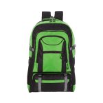 A green and black backpack with multiple compartments and adjustable straps. It features a logo on the front.