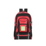 A red and black backpack with multiple compartments and a logo. Features adjustable straps for comfort.