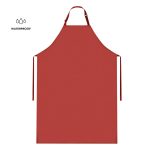 A red Leroix apron with a waterproof feature and ties at the neck and waist. It has a simple design and branding.