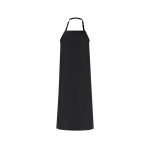 A black apron with adjustable neck straps and a simple design. It features a logo on the front.