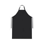 A black apron with a classic design and adjustable neck strap, featuring ties at the waist and a logo.