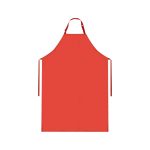 A red apron with neck and waist ties, featuring a simple design and a logo.