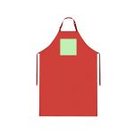 A red apron with a green square patch and adjustable ties at the neck. It features a logo or branding on the patch.