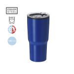 A blue insulated travel mug made of stainless steel with a double wall and a transparent lid. Holds 580 ml.