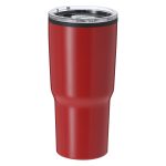 A red insulated travel mug with a metallic lid and a sleek design, featuring a logo on the side.