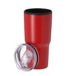 A red insulated travel mug with a black interior and a transparent lid. It features a branding logo.