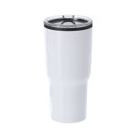 A travel mug in white with a stainless steel lid and a logo on the side.