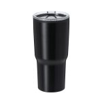 A black insulated travel mug with a silver lid, featuring a logo. Suitable for hot and cold beverages.