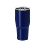 A navy blue insulated travel mug with a clear lid and a built-in straw, featuring a logo.