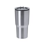 A stainless steel insulated travel mug with a lid and a smooth finish, featuring a logo.