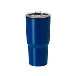 A blue insulated travel mug with a stainless steel lid and a logo.